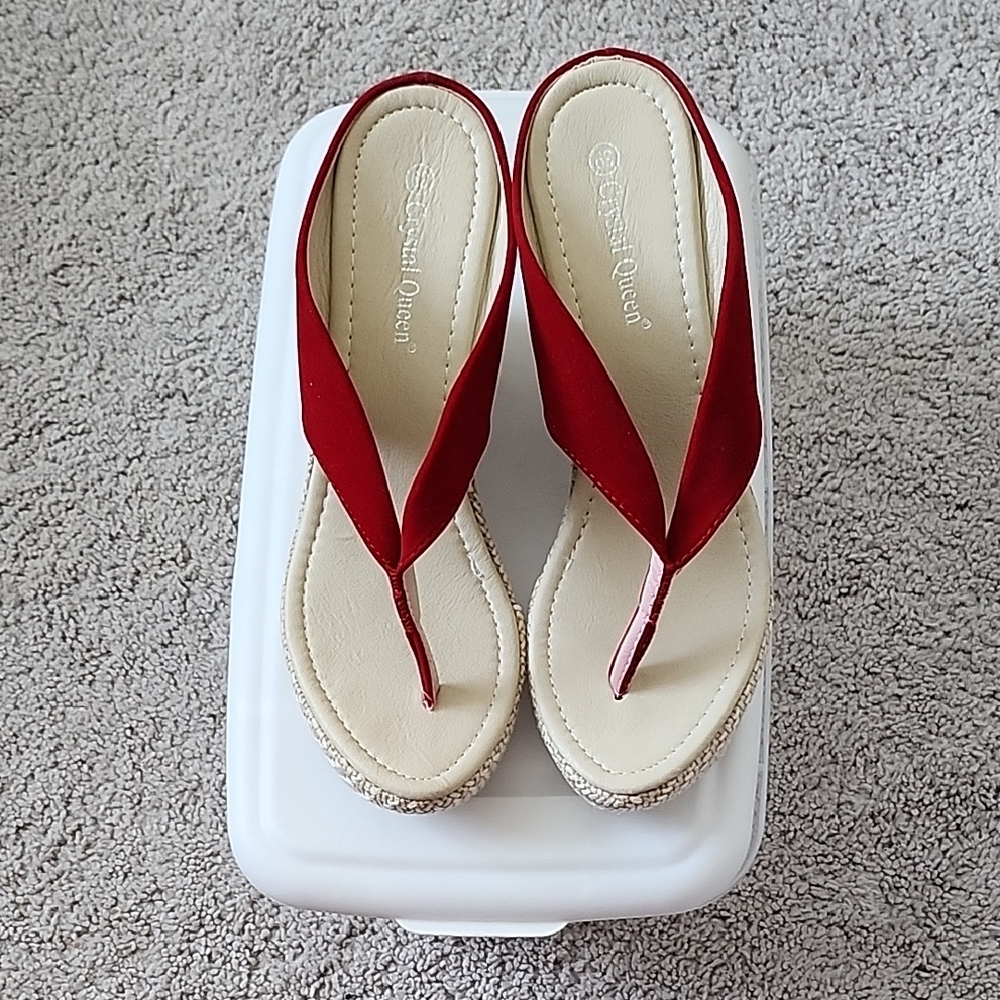 Red Thong Wedge Sandals with Cushioned Footbed by
